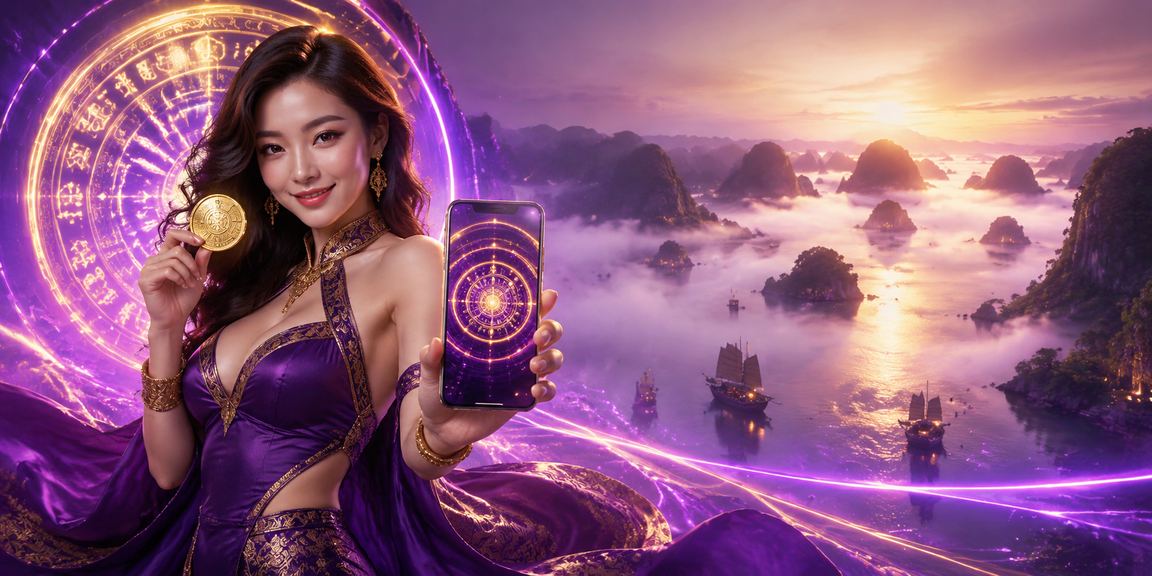 Cảnh Vịnh Hạ Long về đêm với giao diện casino di động neon sáng rực trên điện thoại